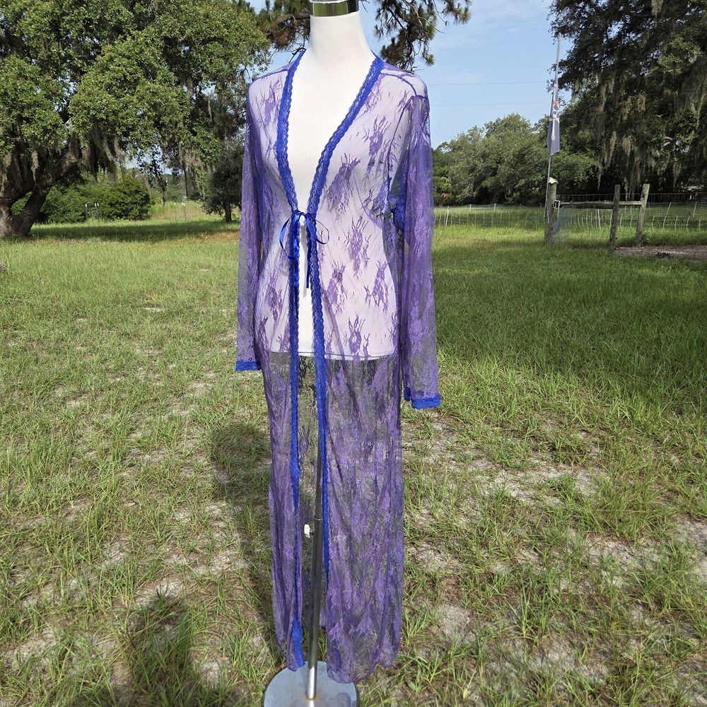 Vintage Sheer Purple Long Sleeve Lace Sleep Coat Sexy Victorian Robe O/S